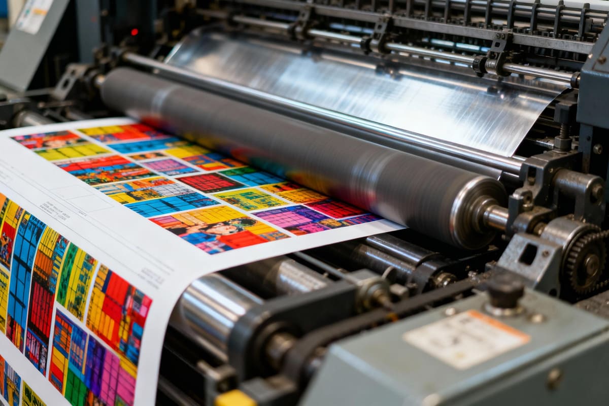 Offset Lithography Printing Press in Action A detailed close-up of an offset printing press, with rollers and an aluminum plate visible, showing a complex color image being printed on a sheet of paperboard