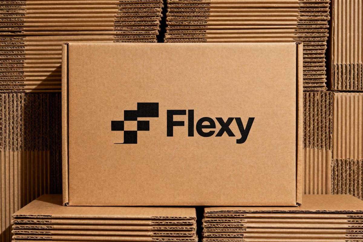 Flexo Printing on Corrugated Boxes A simple one-color flexo print of a logo and text on a stack of brown corrugated cardboard boxes