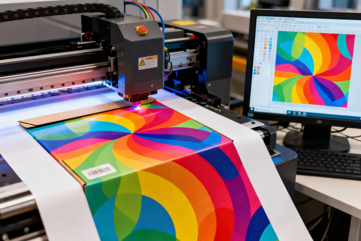 Digital Printing for Custom Packaging A digital printing machine applying a vibrant, full-color design to a single mailer box, with a computer screen showing the design file next to it