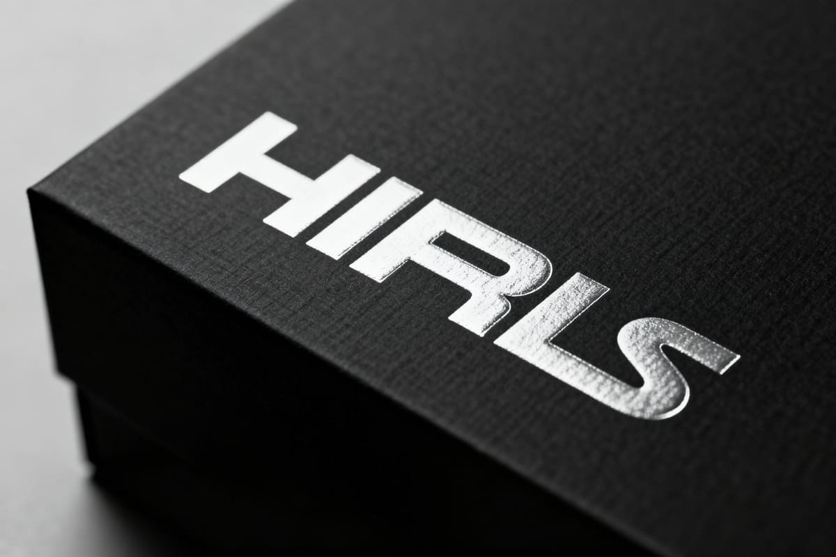 Screen Printing Texture on a Luxury Box A close-up shot of a black luxury box with a logo applied via screen printing, showing the raised, textured quality of the thick white ink