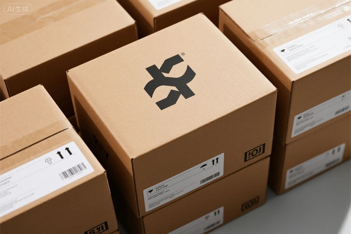 A simple, one-color logo printed clearly on a stack of brown corrugated shipping boxes