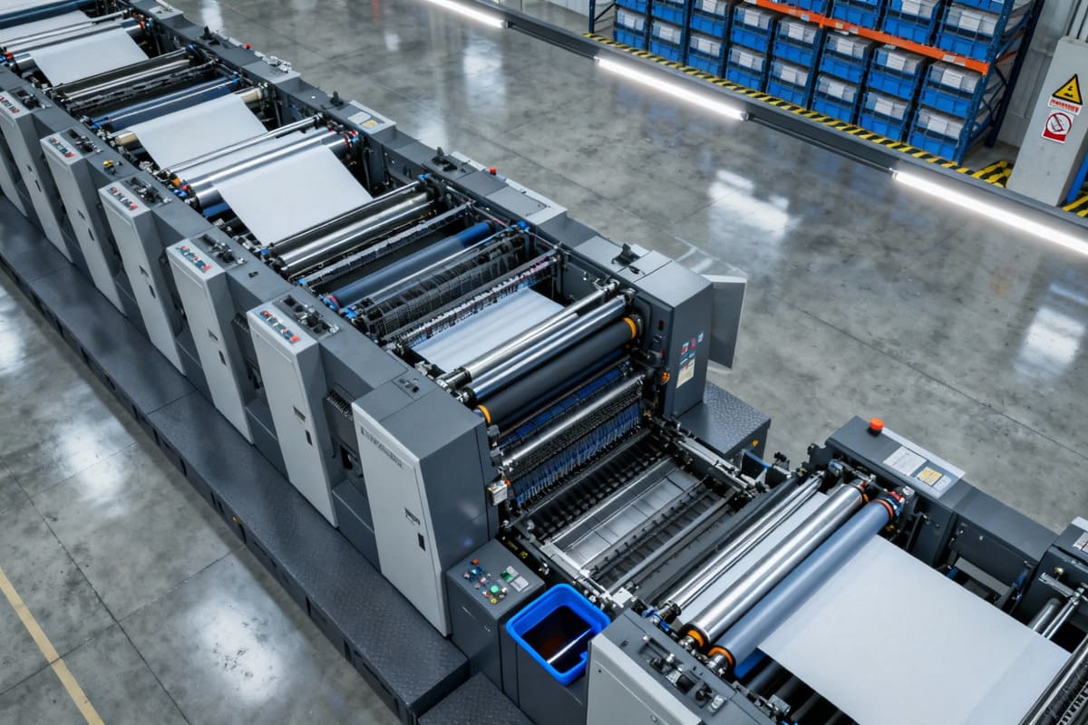 A large, complex lithographic offset printing machine in a clean factory environment