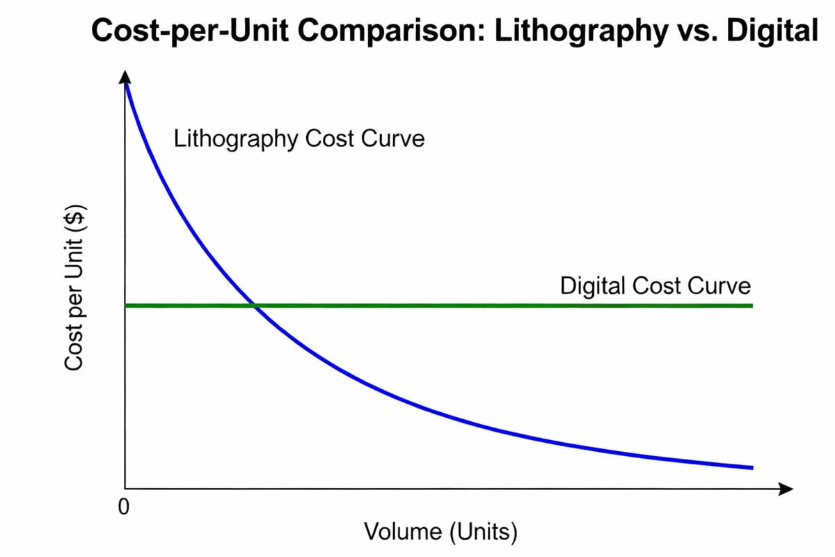 A simple diagram comparing the cost-per-unit curves of lithography (high start, slopes down) and digital (flat)