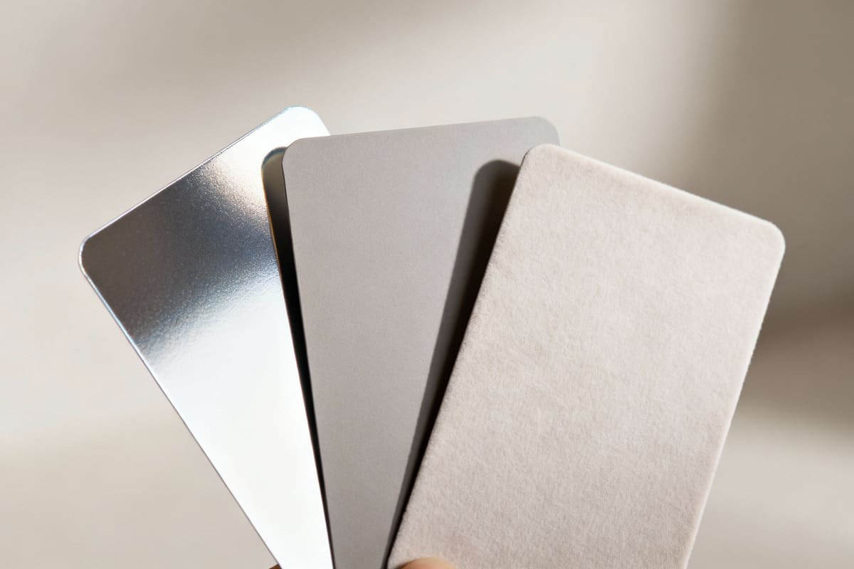 A fan of three cards showing gloss, matte, and soft-touch lamination finishes