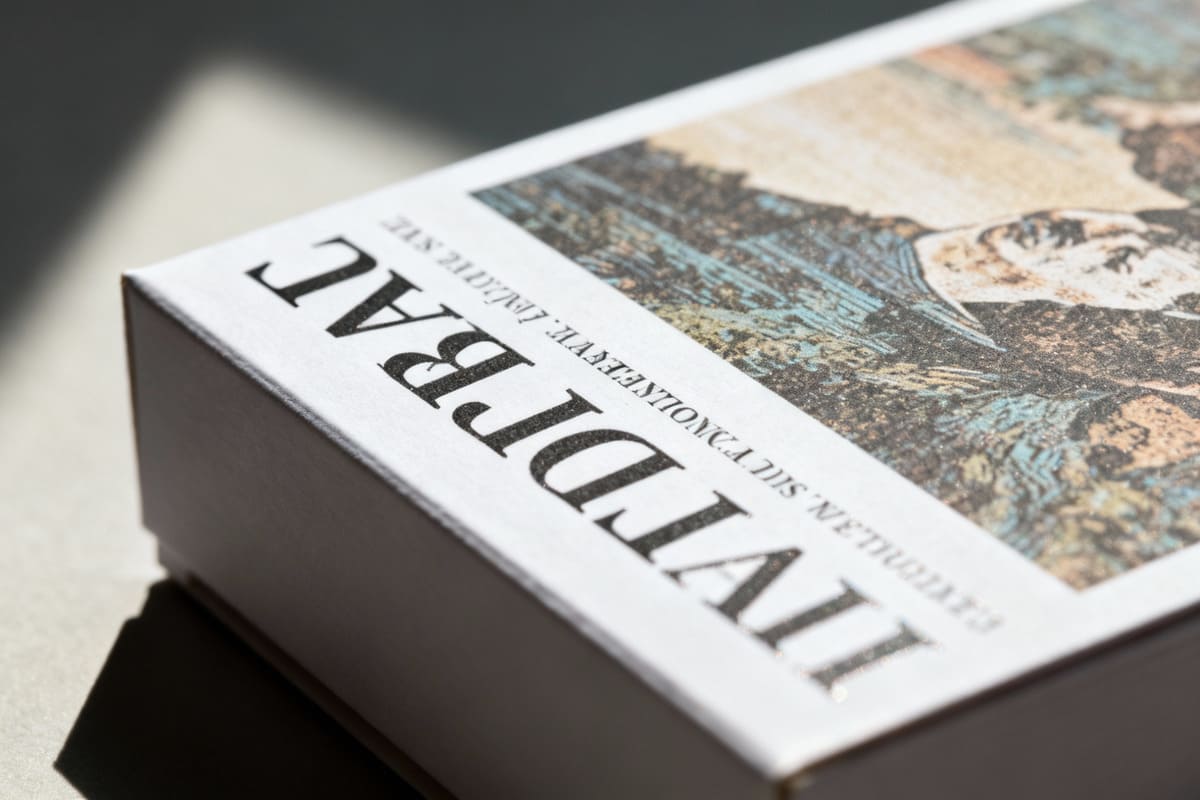 A macro photo showing the extremely sharp detail of text and an image printed via lithography on a box