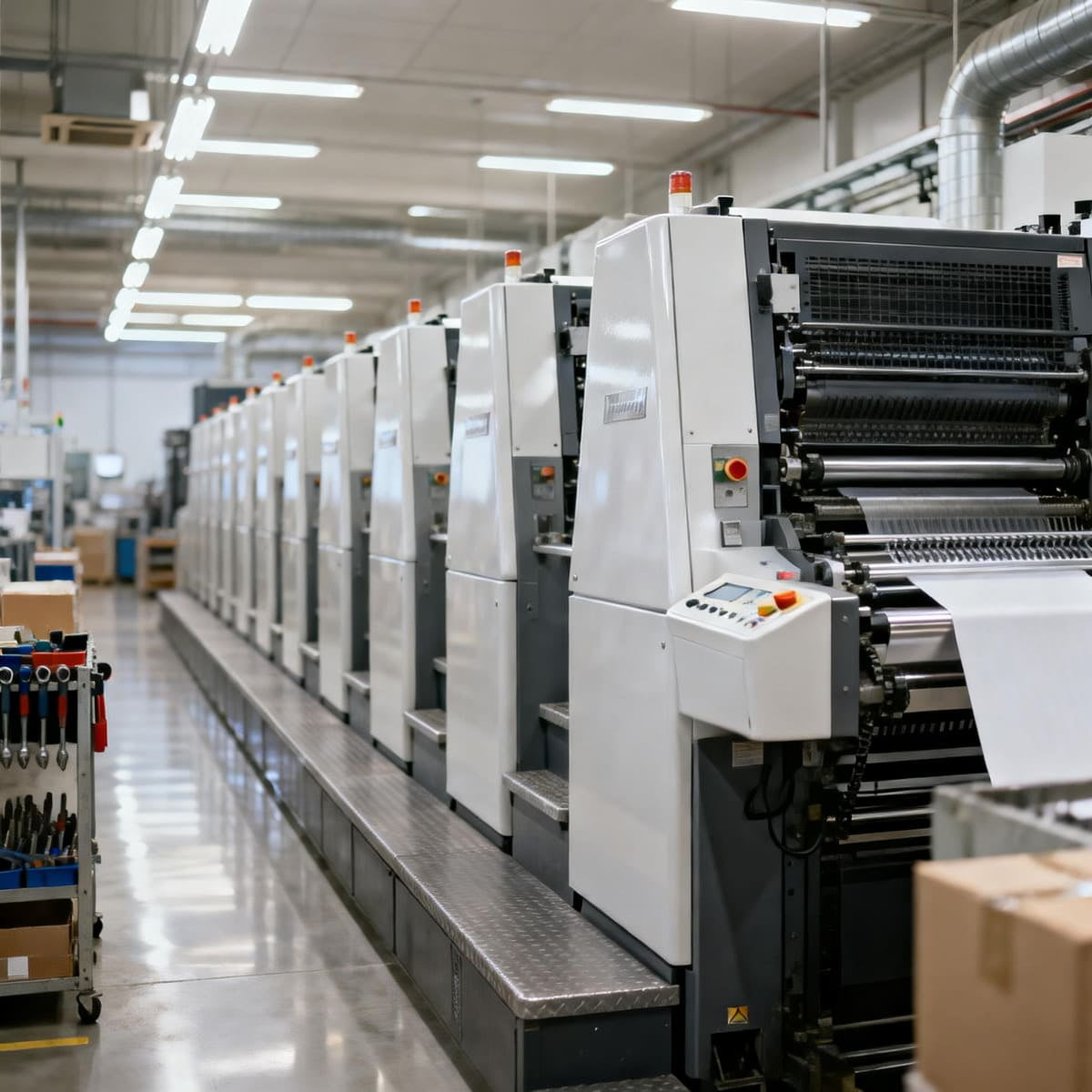 A long, multi-unit offset printing press in a clean, modern packaging factory