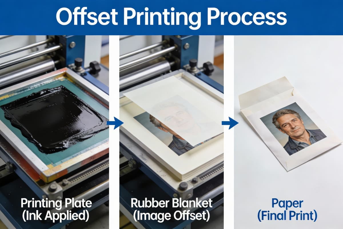 A simple diagram showing the 'offset' step where ink moves from the plate to the blanket cylinder