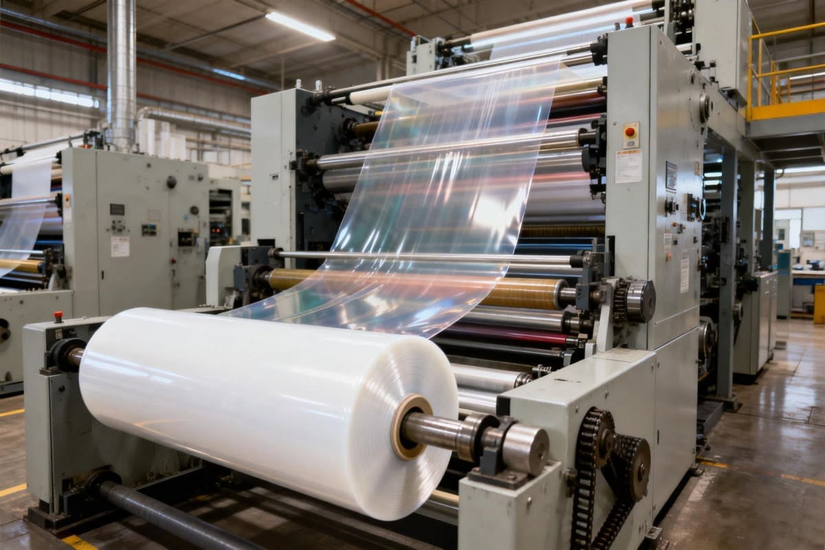 Flexographic Printing Press for Flexible Packaging A large, modern flexographic printing press with rolls of plastic film