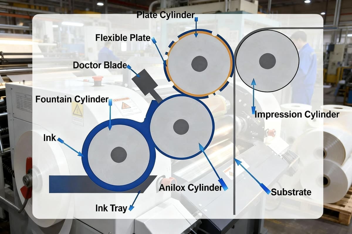 How Flexographic Printing Works A simple diagram showing the key components of a flexo press: anilox roller and flexible plate