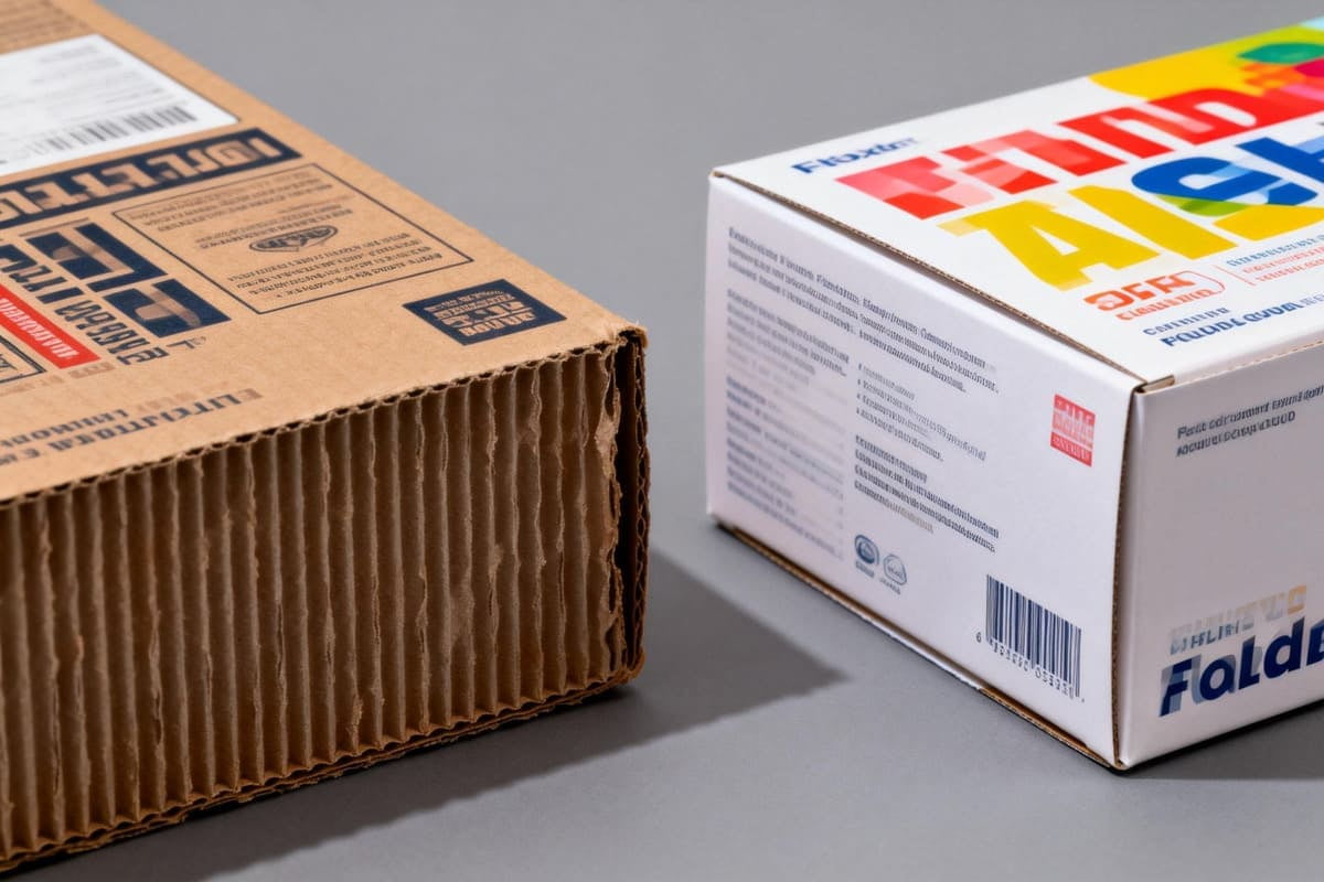 Flexo vs Offset Printing Applications A comparison showing a corrugated box (flexo) next to a folding carton (offset)