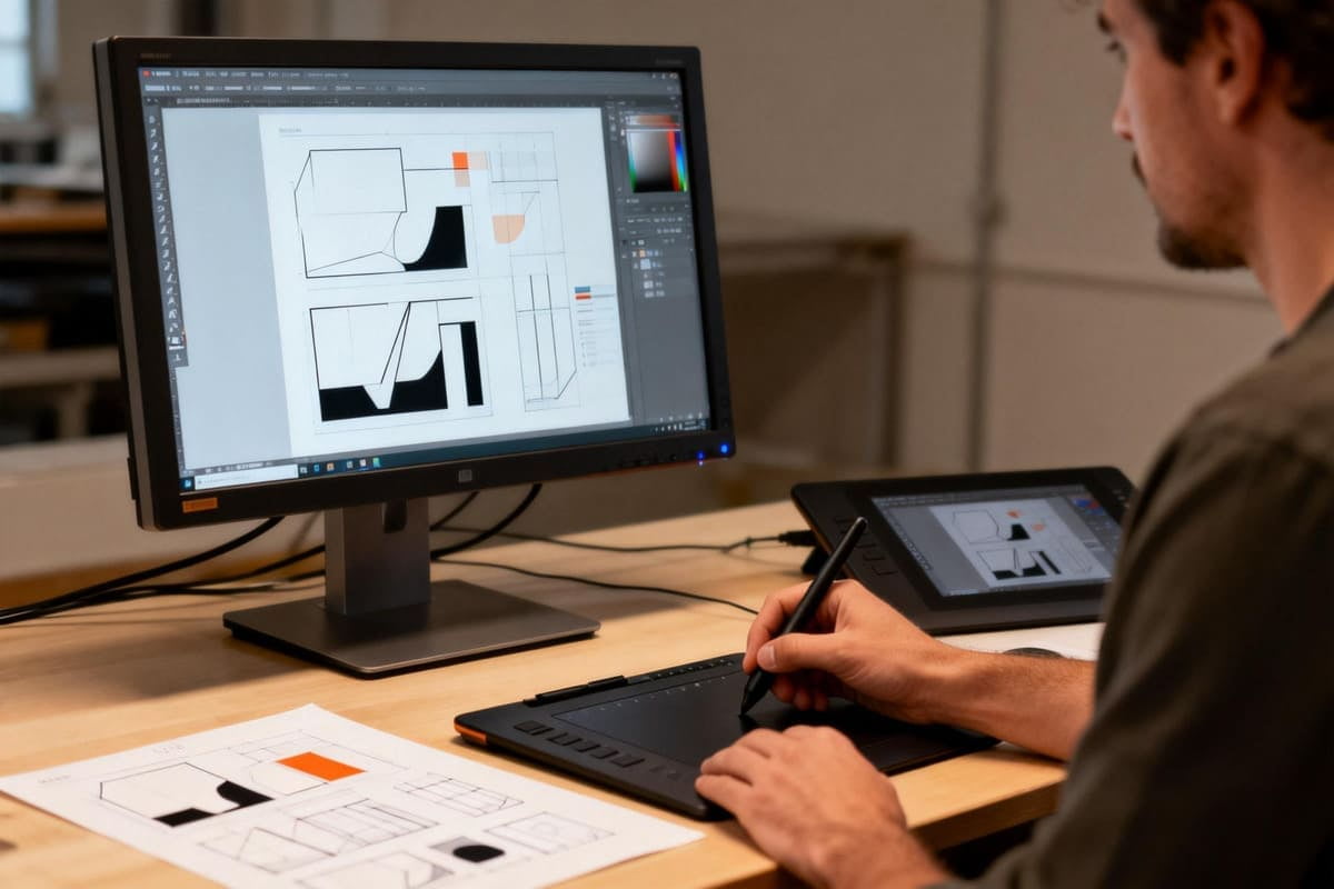 Designing for Flexographic Printing A designer on a computer adjusting a design, simplifying it for flexo printing