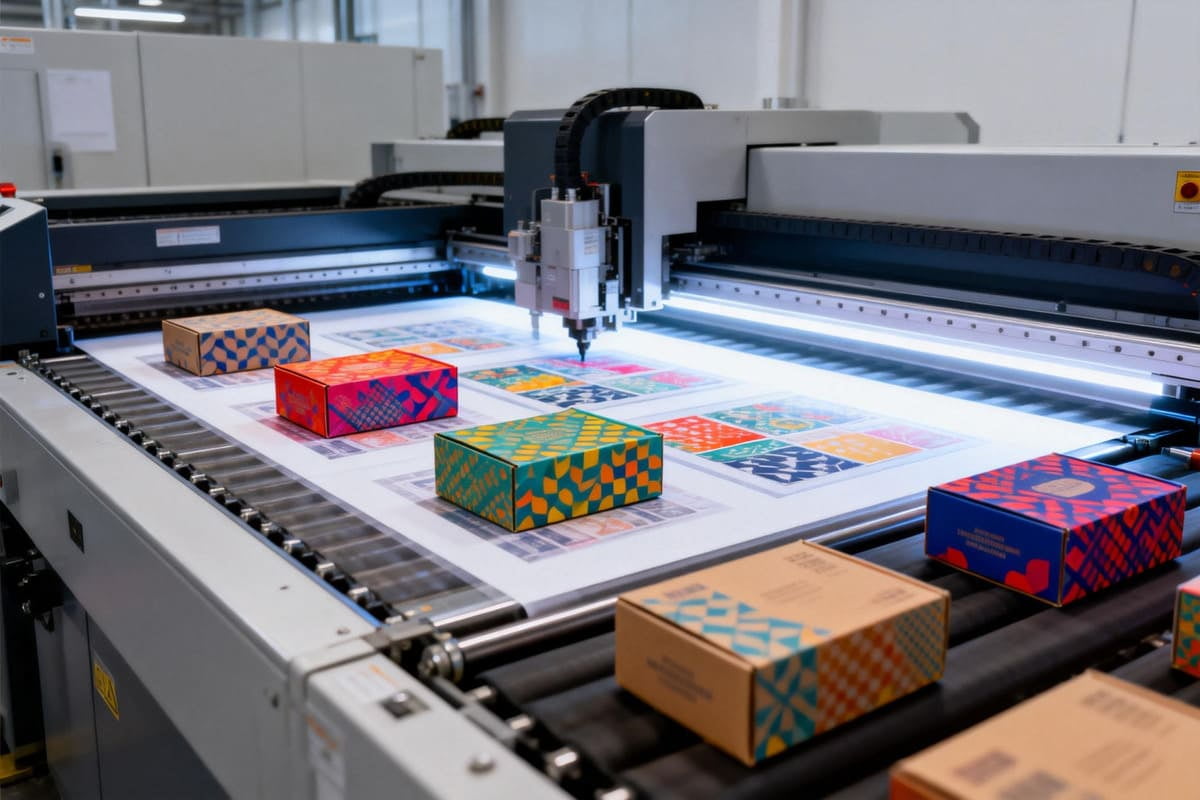 A state-of-the-art digital press printing a variety of custom-designed boxes