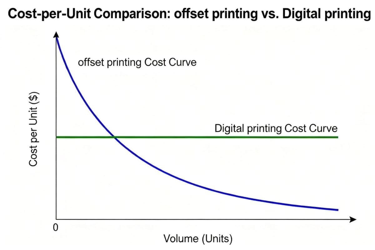 A graph showing the cost-per-unit crossover point between digital printing and offset printing