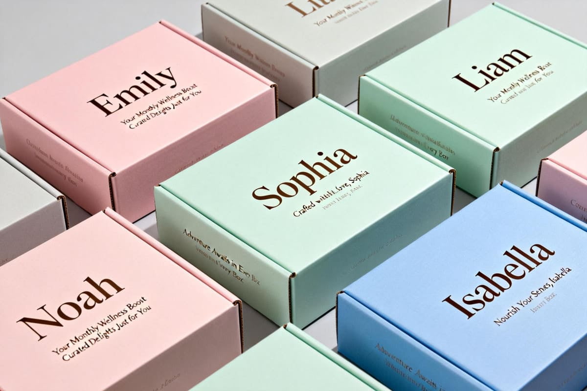 A collection of personalized subscription boxes with different customer names and messages
