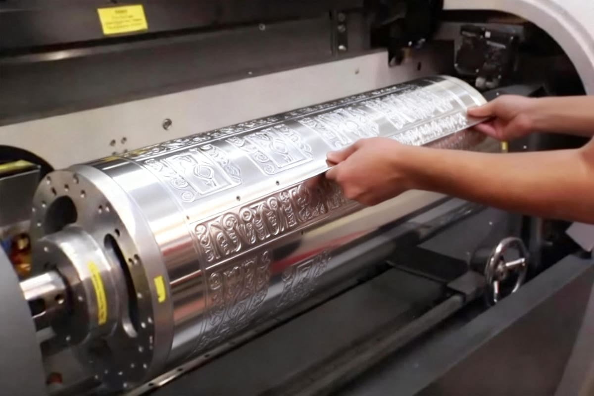 A massive, gleaming engraved cylinder from a gravure printing press