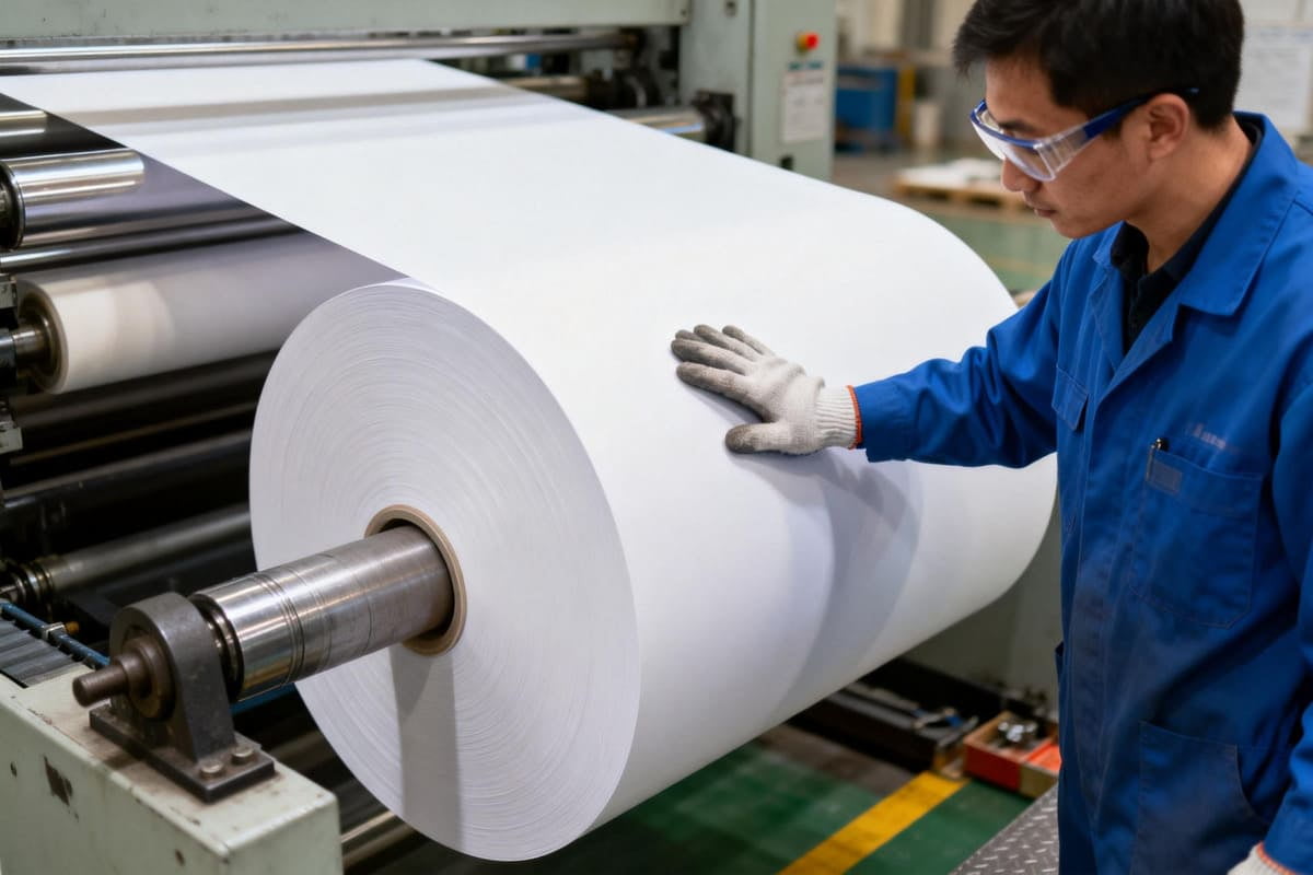 A technician inspecting a large roll of pristine paperboard before loading it onto a gravure press