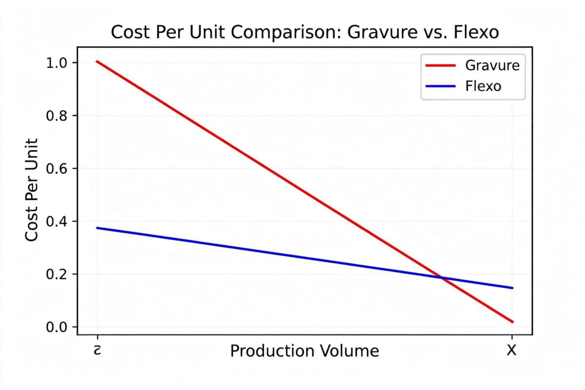 A cost-per-unit graph showing gravure starting very high but crossing below flexo on a very long run