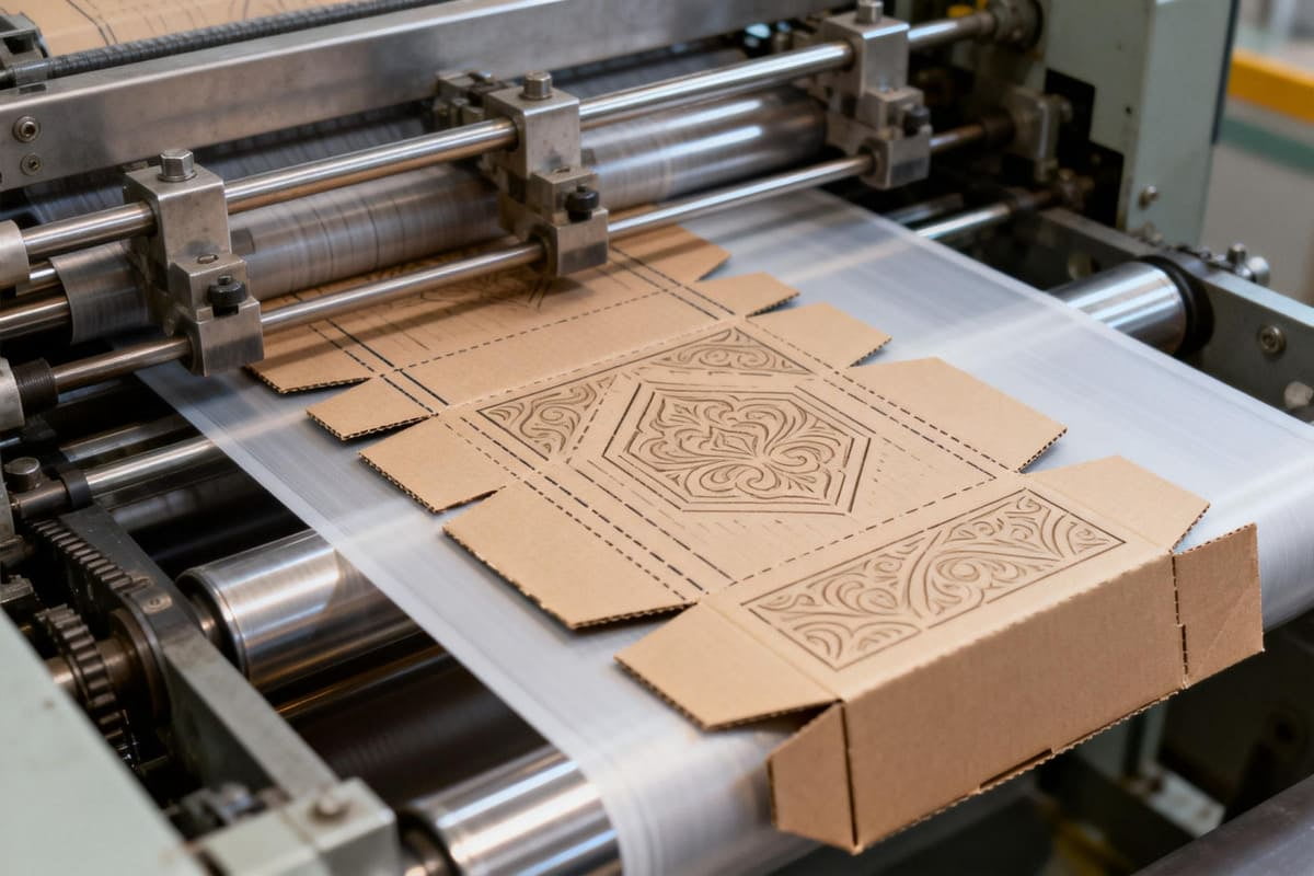 A rotary die-cutter at the end of a gravure press, stamping out finished carton blanks at high speed